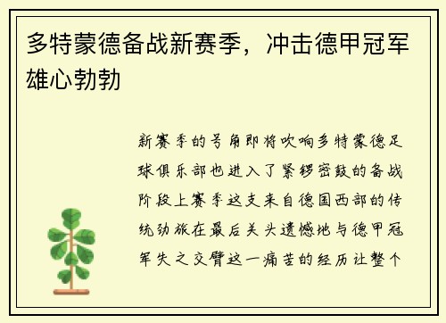 多特蒙德备战新赛季，冲击德甲冠军雄心勃勃
