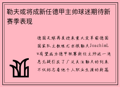 勒夫或将成新任德甲主帅球迷期待新赛季表现